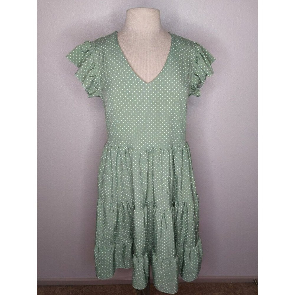 SHEIN Dress Small Green Polka Dot Mini Flounce Hem Baby Doll Summer VNeck